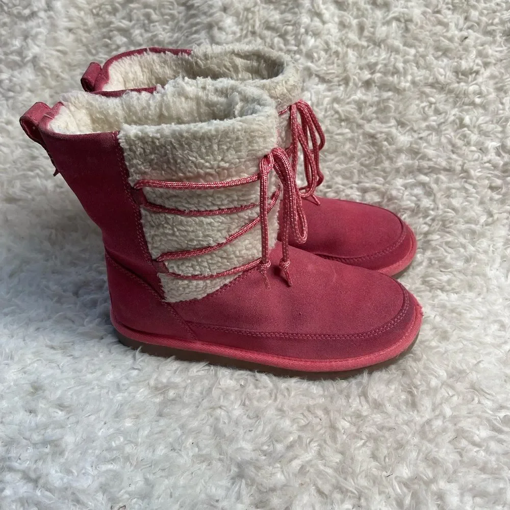 Kookaburra by UGG leather pink Girl winter boots beige fur lace up accent SZ3